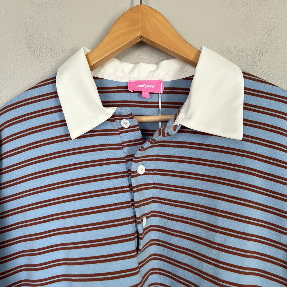 Edikted Stripey Oversized Collared Shirt Rugby Polo Top Long Sleeve Blue Brown M - Picture 4 of 8